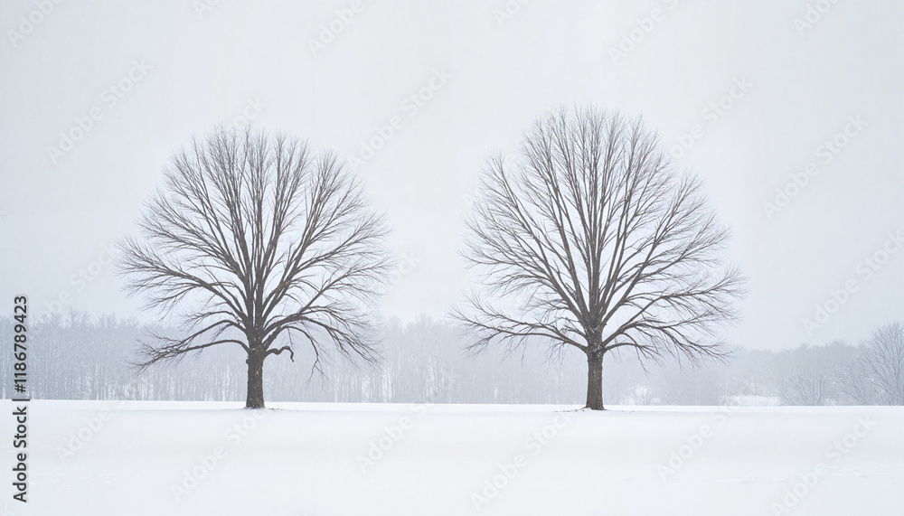 Fototapeta premium Minimalist scene of bare tree silhouettes in untouched snow against a pale grey sky in a serene winter landscape