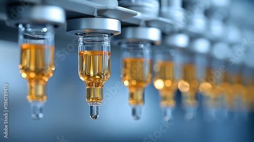 Wallpaper Mural Amber liquid in vials on automated filling machine. Torontodigital.ca