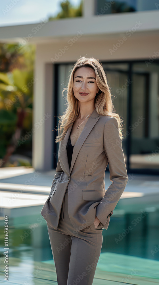 Fototapeta premium Professional real estate agent in stylish suit, standing confidently by modern poolside. serene environment enhances her approachable demeanor