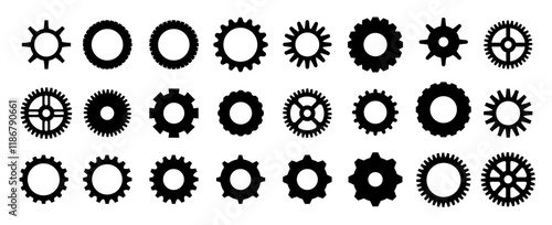 Gears shapes line icons. Flat machine gear icon. Wheel cogwheel vector. Simple outline isolated elements. Black gear. photo