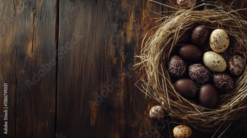 Wallpaper Mural easter, confectionery and holidays concept - chocolate eggs and candies in straw nest on wooden background Torontodigital.ca