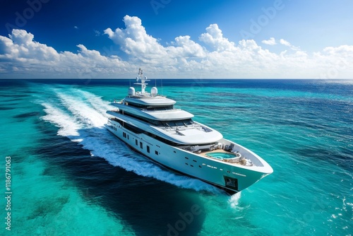 Luxury yacht sailing in a turquoise sea with a clear blue sky photo