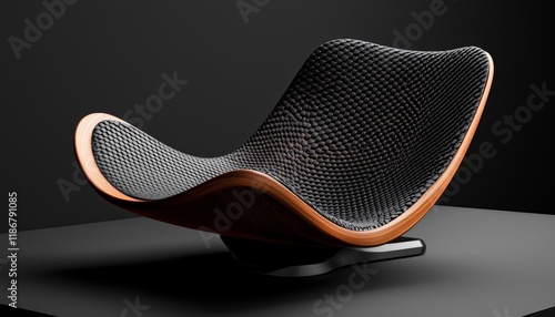 Modern rocking chair with textured black seat and wood frame on dark background. photo