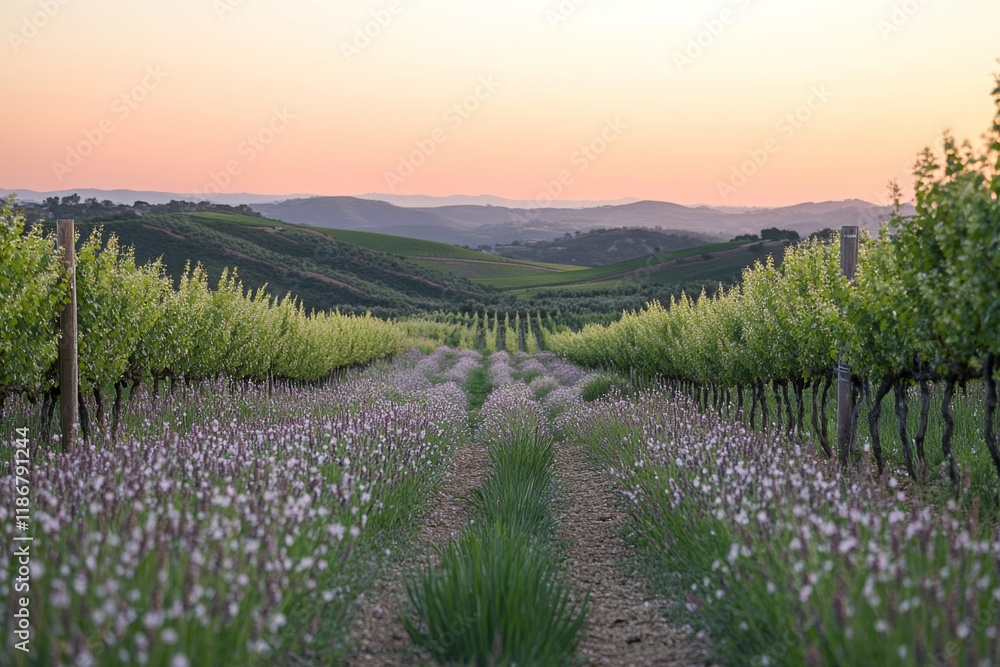 Fototapeta premium Lavender field during sunset with vibrant colors and serene atmosphere