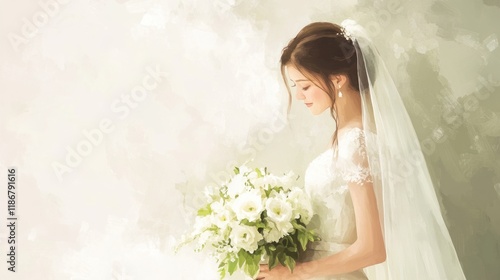 Elegant bride in white dress holding bouquet, profile view.
