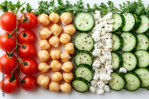 Fresh vegetables neatly arranged on a wooden table photo