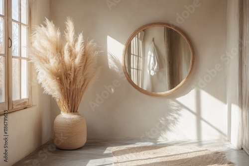 Minimalistic living room with a mirror and neutral tones photo