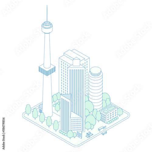 アイソメトリックの都市のイラスト。高層ビルと商業ビルが立ち並ぶ緑化された都会の風景。タワーのある観光地。