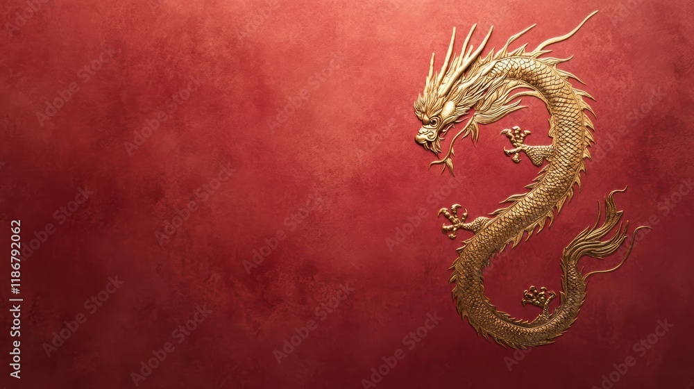 single gold Chinese dragon silhouette on a muted red backdrop with plenty of copy space, Chinese New Year background single gold Chinese dragon silhouette on a muted red backdrop with plenty of copy space, Chinese New Year background