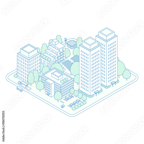 アイソメトリックの街のイラスト。アパートとタワーマンションが建つ住宅地。駐車場が隣接する建物。