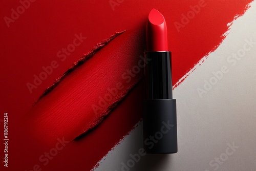 Close-up of a bold red lipstick on a smooth textured background photo