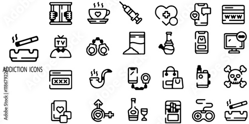Addiction simple concept 24 icons set. Contains such Smoke Cigarette, Drink Alcohol, Take Drug and Pill Black Silhouette Icon. Addiction Forbidden Pictogram. Warning Not Narcotic. Vector illustration.