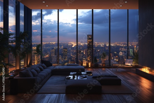 Luxurious penthouse balcony at sunset overlooking the city skyline photo