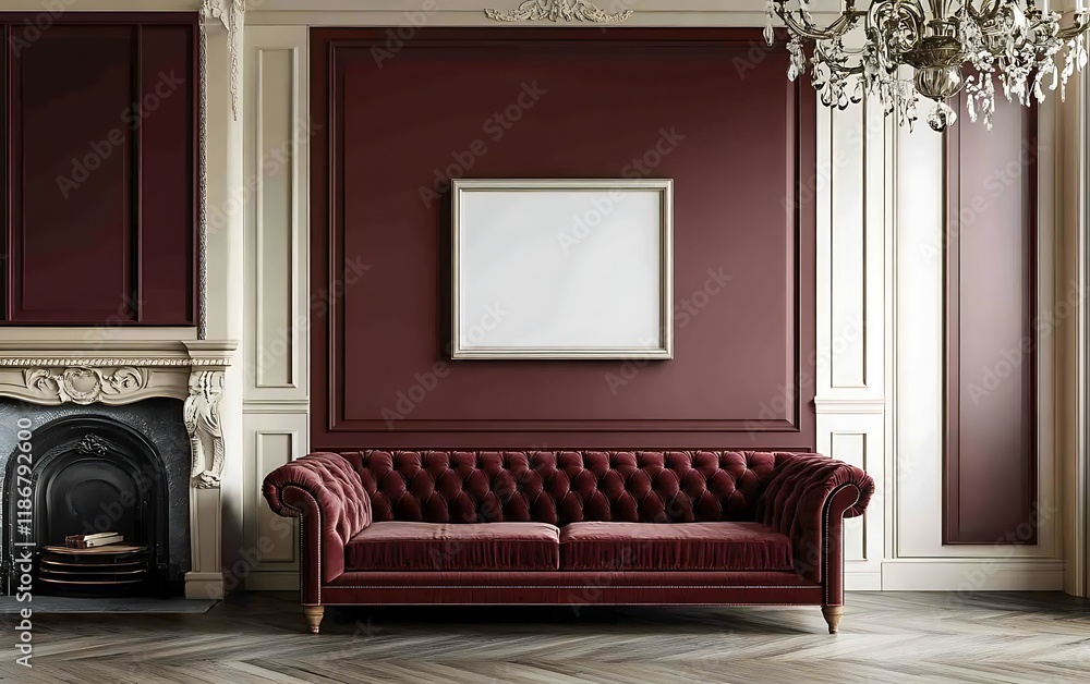Fototapeta premium Elegant burgundy velvet sofa in a classic room. Interior design mockup. Lifestyle