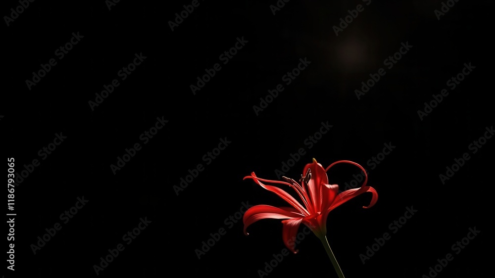 A Single Red Flower Blooms in the Dark with a Glimmer of Light in the Distance A Single Red Flower Blooms in the Dark with a Glimmer of Light in the Distance