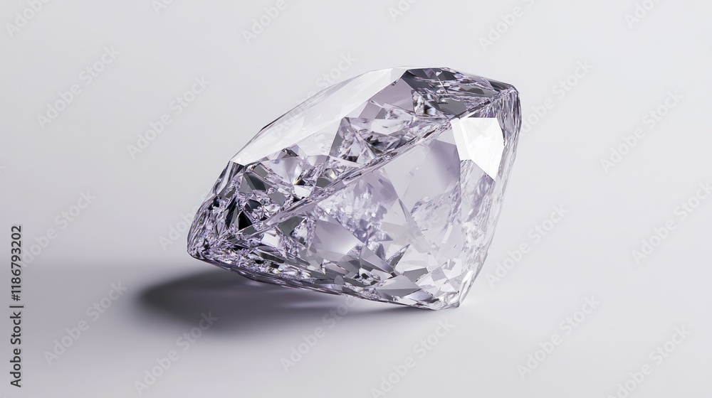 Close-up of a single, brilliant-cut diamond gemstone on a light gray background, showcasing its facets and sparkle. Close-up of a single, brilliant-cut diamond gemstone on a light gray background, showcasing its facets and sparkle.