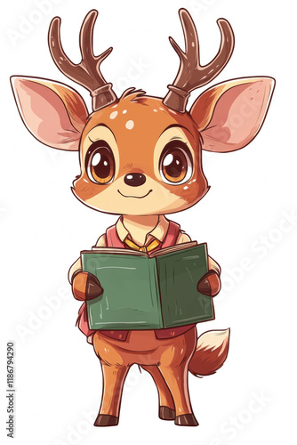 Cute Deer Teacher with Book on White Background