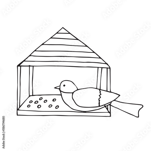 Bird in a bird feeder, vector illustration, hand drawn doodle