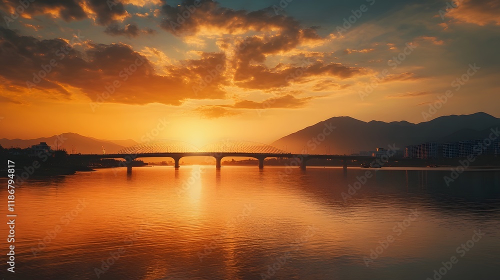 Golden Sunset Over Bridge and Mountain River Scene Golden Sunset Over Bridge and Mountain River Scene
