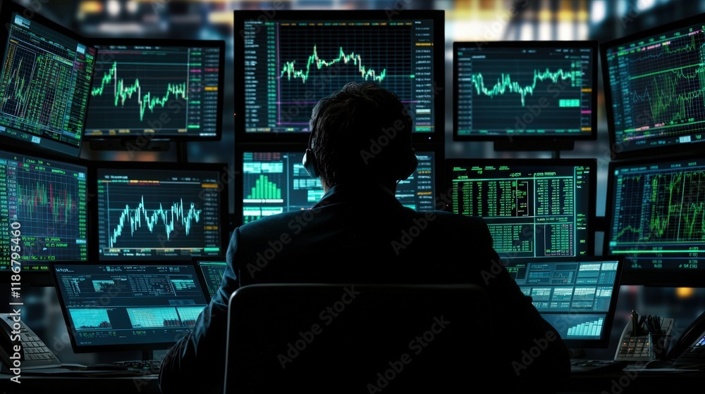 Financial Analyst Monitoring Stock Trends in High-Tech Office Environment Financial Analyst Monitoring Stock Trends in High-Tech Office Environment