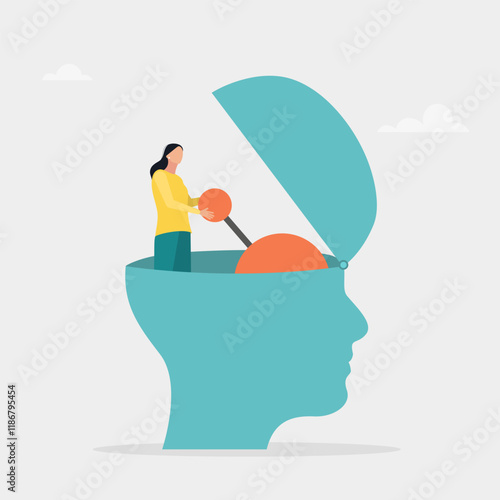 The concept of learning and will turn on at full capacity. Gear shifting on the human brain. Flat vector illustration.