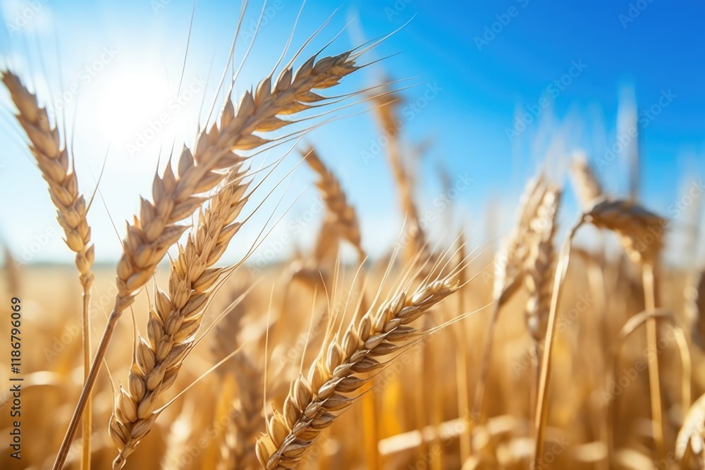 Harvesting Winter Wheat: Golden Ripe Wheat Field against Blue Sky. Agricultural, Farming and Harvest Concept with Shallow Depth of Field Harvesting Winter Wheat: Golden Ripe Wheat Field against Blue Sky. Agricultural, Farming and Harvest Concept with Shallow Depth of Field