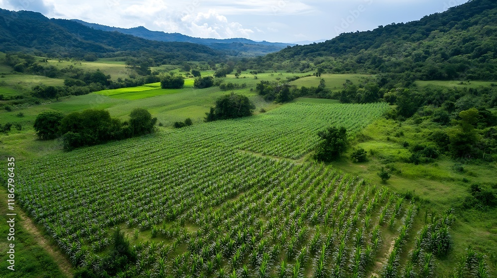 Fototapeta premium Scenic Agricultural Field Amidst Lush Green Valley and Rolling Hills : Generative AI