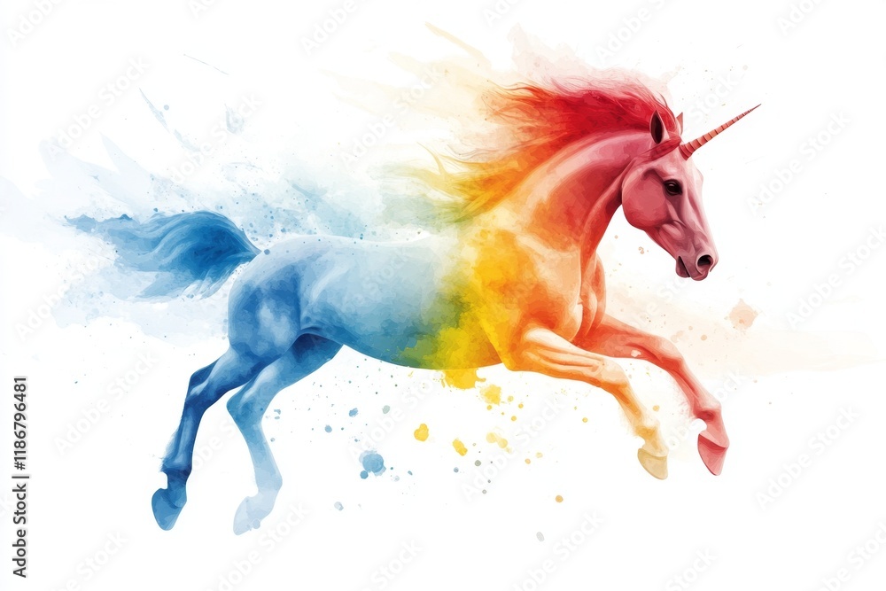 An abstract depiction of a unicorn galloping, with flowing lines forming its mane and tail, rendered in vibrant rainbow hues An abstract depiction of a unicorn galloping, with flowing lines forming its mane and tail, rendered in vibrant rainbow hues