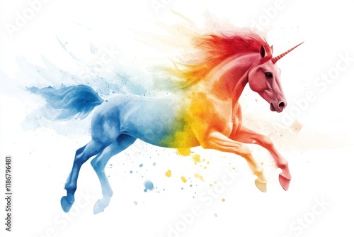 An abstract depiction of a unicorn galloping, with flowing lines forming its mane and tail, rendered in vibrant rainbow hues photo