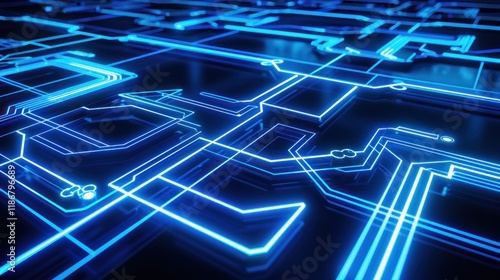 Abstract glowing blue circuit board texture.
