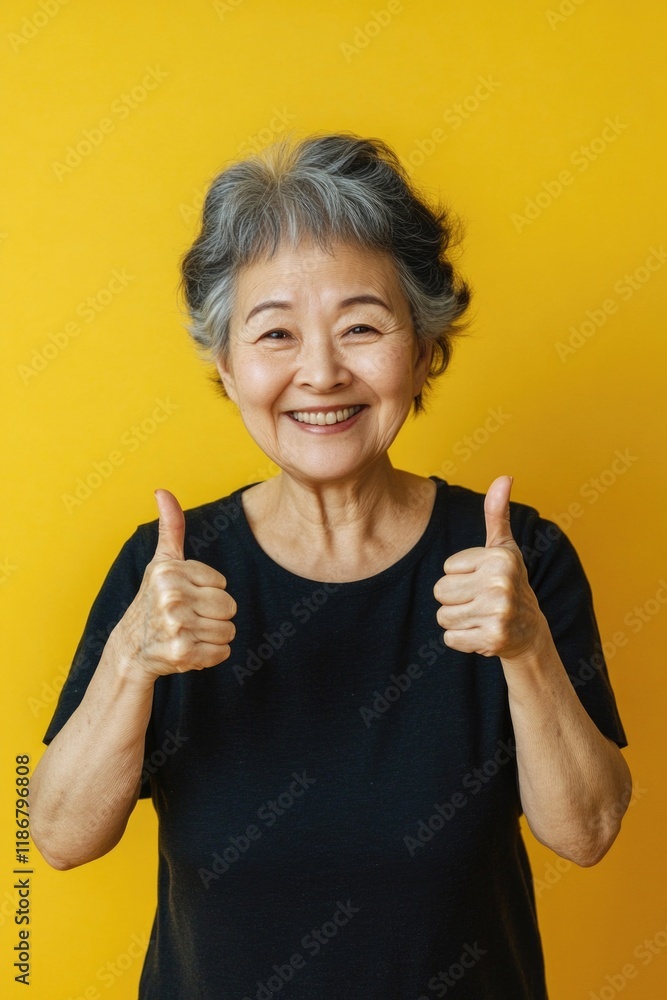 Smiling, joyful asian senior woman giving a thumbs up gesture. Smiling, joyful asian senior woman giving a thumbs up gesture.