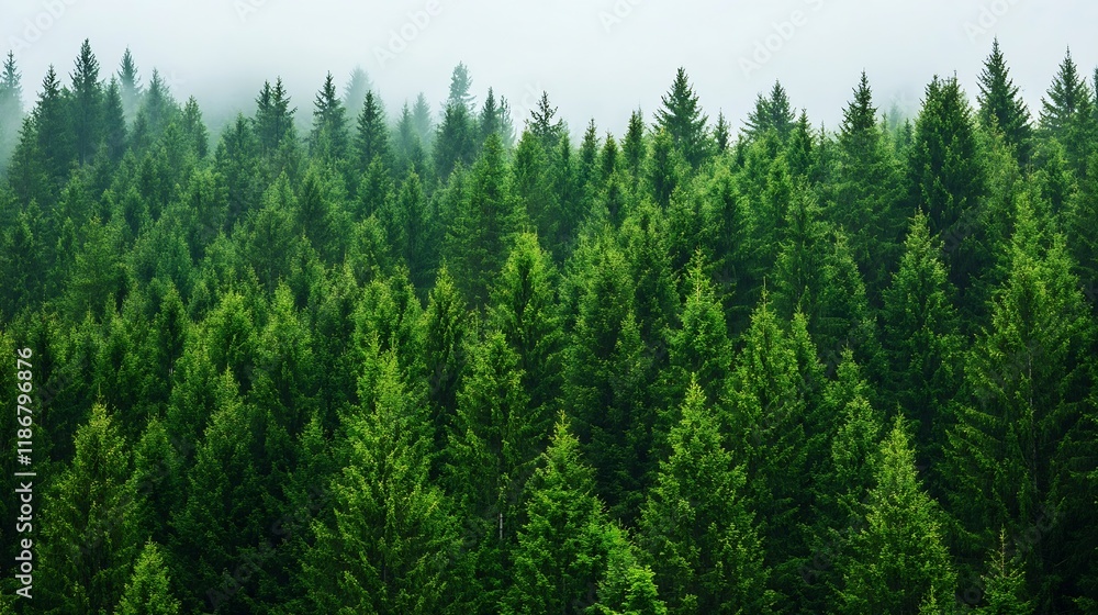 Lush Green Coniferous Forest Under Mystical Foggy Atmosphere Tranquil Nature Scene : Generative AI Lush Green Coniferous Forest Under Mystical Foggy Atmosphere Tranquil Nature Scene : Generative AI