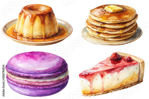 Colorful dessert illustrations, watercolor style, sweet treats, pancakes with syrup, macarons, cheesecake, vibrant food art.