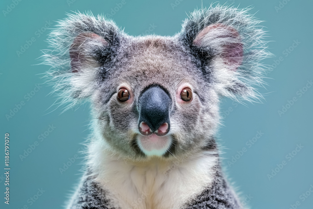 Fototapeta premium Cute koala poses for close-up portrait with big eyes and fluffy ears isolated on soft blue background