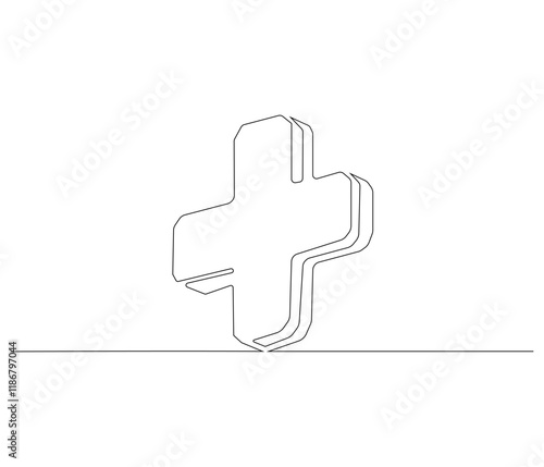 One continuous line drawing of a plus sign. Single line of a plus sign vector illustration