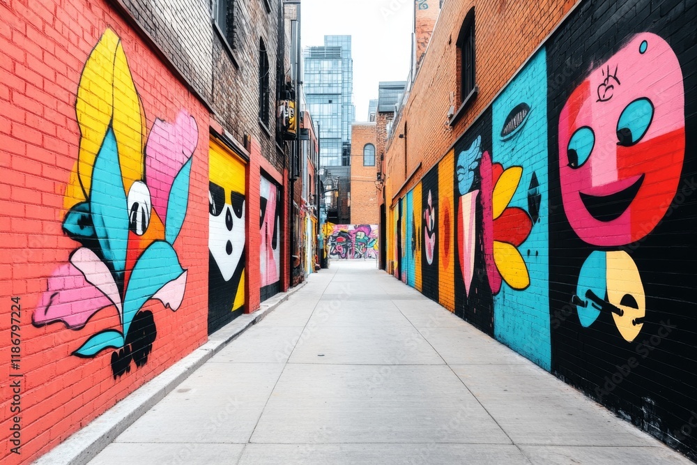 Fototapeta premium An urban alleyway covered in graffiti art, with vibrant colors and intricate designs lining the brick walls