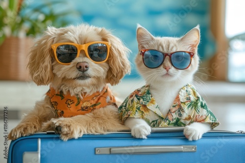 Wallpaper Mural Cute Dog and Cat Wearing Sunglasses with Hawaiian Shirts by a Suitcase in Bright Setting Torontodigital.ca