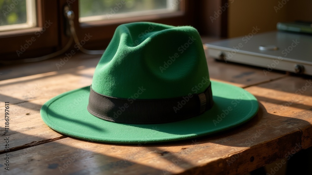 A green hat with black band sits on a wooden table, St. Patrick's Day. A green hat with black band sits on a wooden table, St. Patrick's Day.