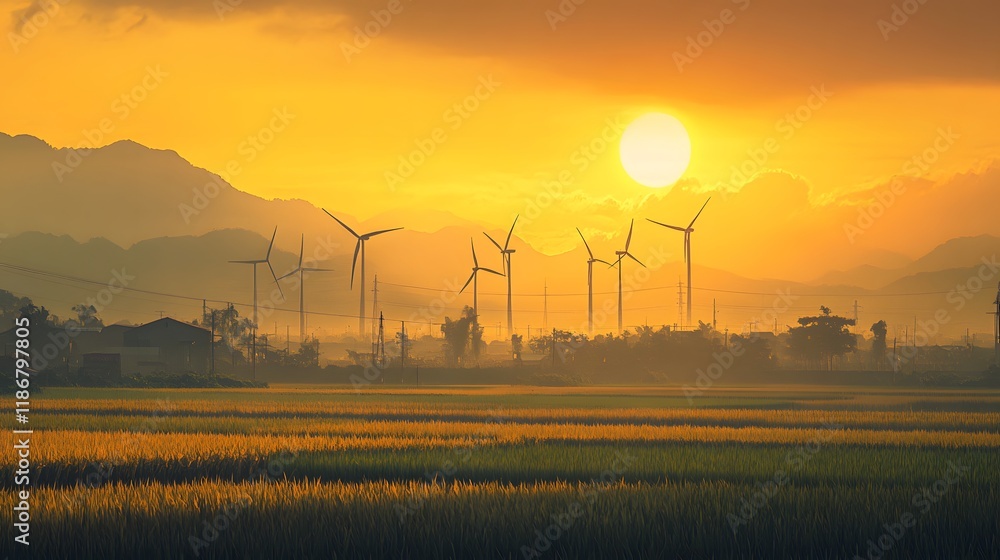 Obraz premium Golden Sunset Over Rice Paddies And Wind Turbines
