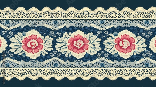 Floral lace trim on dark blue, repeating pattern for textile edging.