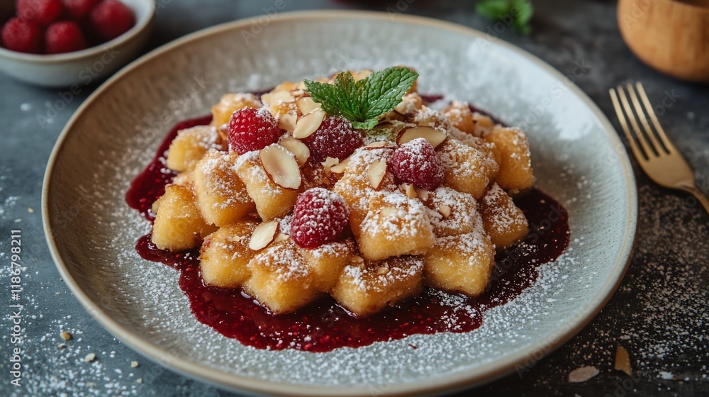 Sweet dumplings with raspberry sauce, almonds, and mint. Sweet dumplings with raspberry sauce, almonds, and mint.