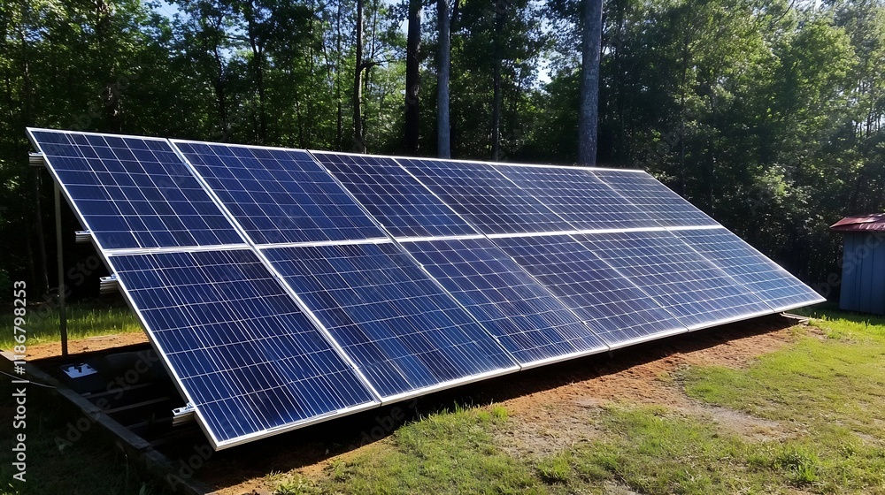 Ground Mounted Solar Panel Array in Forested Area with Sunlight : Generative AI Ground Mounted Solar Panel Array in Forested Area with Sunlight : Generative AI