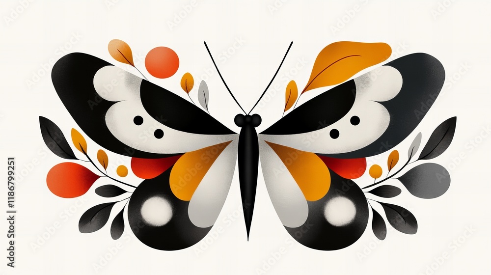 Obraz premium A stylized illustration of a butterfly with black, white, orange, and red accents, surrounded by leaves. Nature's beauty, reimagined.
