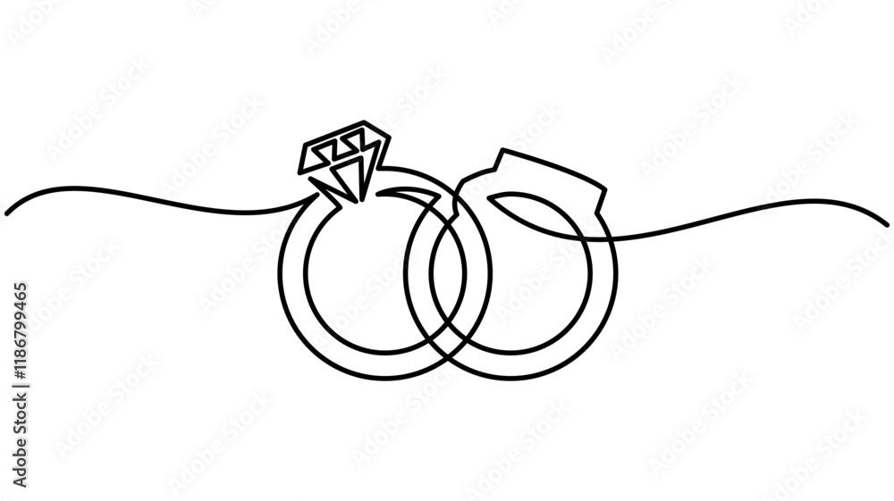 Obraz premium Wedding ring line art drawing symbol. One line art of wedding ring pair with love for ever on white back ground, Continuous hand drawn romantic. Engagement ring symbol of couple in love.