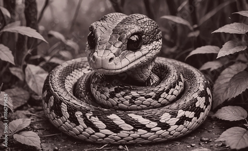 Snake is curled up on the ground. It is black and white. The snake is in a forest photo