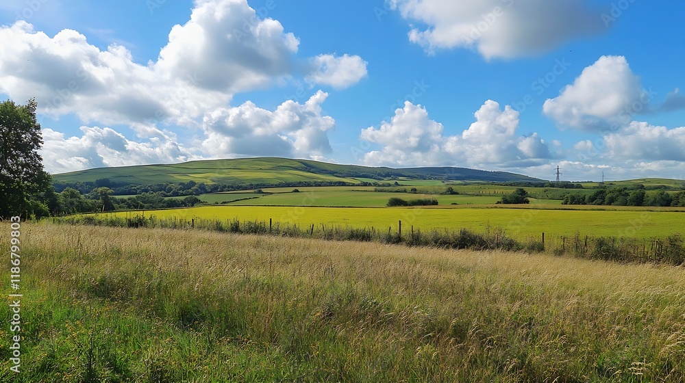 Expansive Scenic Countryside Landscape with Rolling Hills and Blue Sky : Generative AI Expansive Scenic Countryside Landscape with Rolling Hills and Blue Sky : Generative AI