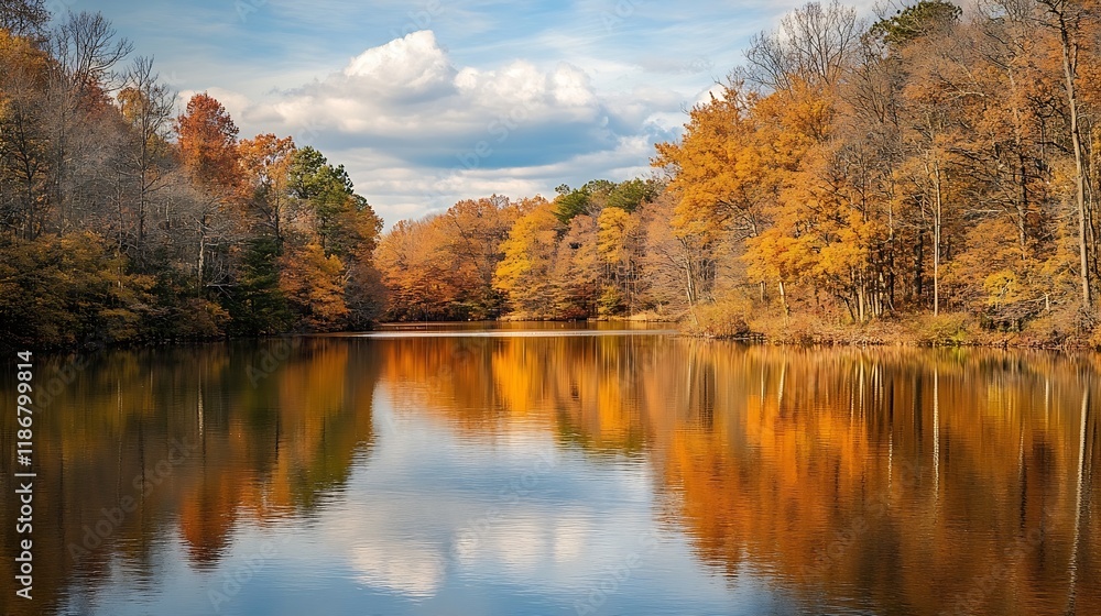 Scenic Fall Lake with Reflective Autumn Trees and Blue Sky : Generative AI Scenic Fall Lake with Reflective Autumn Trees and Blue Sky : Generative AI