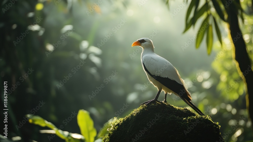 Fototapeta premium White Bird Perched on a Mossy Rock