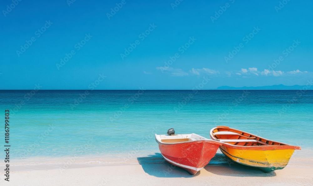 Naklejka premium Two Boats on a Pristine Beach: Two brightly colored wooden boats sit peacefully on a pristine white sand beach under a clear azure sky.