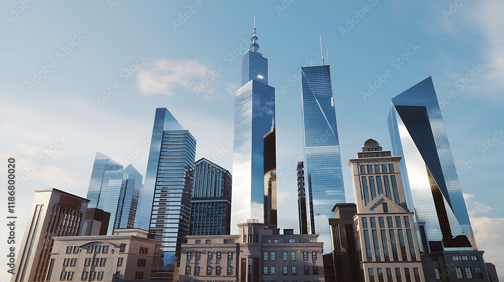 Fototapeta premium Modern city skyline, skyscrapers, buildings, clear sky, urban landscape, architectural design, stock photo